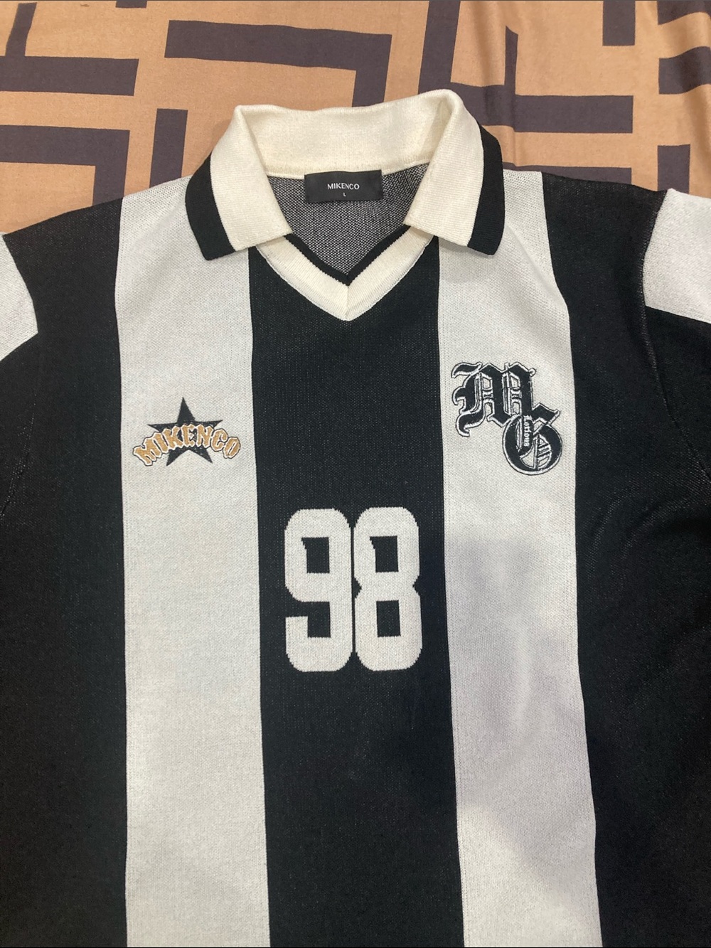 Miken Black & White Striped Polo Jersey with 98 Graphic